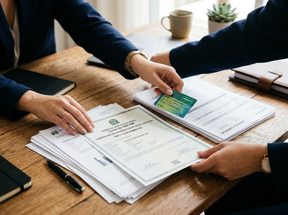 Mãos organizando documentos e cartão de plano de saúde